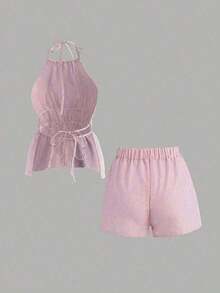 conjunto de 2 piezas de mujer con top halter con lazos y pantalones cortos a rayas con espalda descubierta, adecuado para vacaciones de verano y viajes - Rosa - Ver 2