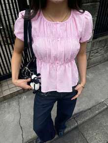 Camisa de mujer con mangas cortas y rayas, uso casual de oficina - Rosa - Ver 3