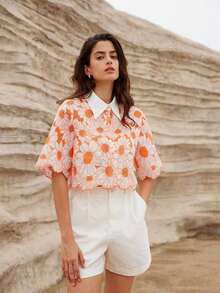 Blusa elegante con bordado de margaritas al azar y calado - Naranja - Ver 6