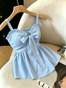 Top sin mangas casual para mujer, diseño de moda con tirantes de lazo, nudo de moño, a rayas azul y blanco, cintura ceñida, sexy y favorecedor, versátil para uso diario y citas, verano - Celeste - Ver 5