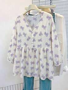 Blusa de mujer con cuello en V de gasa con estampado floral romántico, manga farol, corte holgado y silueta favorecedora, adecuada para uso casual, de calle y de oficina en vacaciones de verano - Púrpura malva - Ver 2