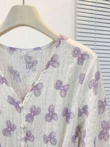 Blusa de mujer con cuello en V de gasa con estampado floral romántico, manga farol, corte holgado y silueta favorecedora, adecuada para uso casual, de calle y de oficina en vacaciones de verano - Púrpura malva - Ver 6