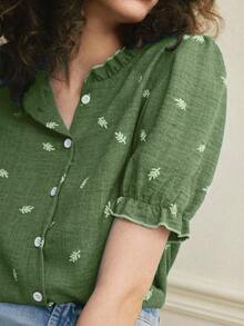 Camisa azul de mujer con cuello con volantes, mangas de pétalos y textura de tela suave, estilo francés casual de vacaciones, primavera/verano - Verde - Ver 5