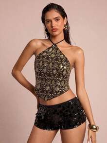 Glamour Nuevo top de verano bohemio de mujer para vacaciones, con escote halter sin espalda y tela con cuentas especiales en la espalda.Vestido de vuelta al colegio, vestidos de mujer para salir, tops de mujer estilo Y2K lindos - Café integral - Ver 5