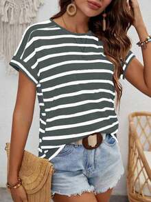 Camiseta con mangas de murciélago a rayas, informal, camisetas gráficas de verano para mujeres - Gris Oscuro - Ver 5