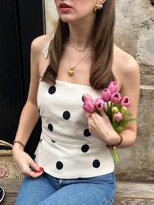 Top ajustado de mujer de estilo vintage y retro con lunares, casual de verano - Albaricoque - Ver 6