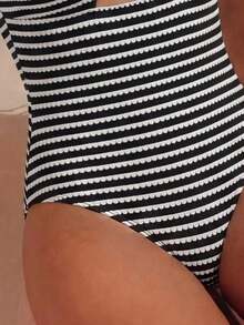 Swim Chiccia Nuevo traje de baño de una pieza elegante de unicolor, exquisito, para mujeres, para playa, natación y spa, temporada primavera/verano 2026 - Blanco y Negro 3 - Ver 3