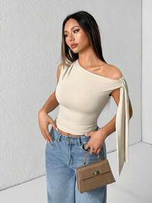 Camiseta de tirantes de unicolor informal con cuello de halter y lazada para el verano - Albaricoque - Ver 9