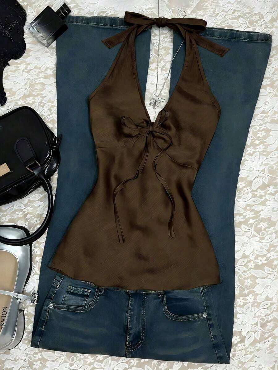 Nuevo top de verano de mujer con cuello halter, cintura fruncida y lazo, sexy y casual para vacaciones - Marrón 2 - Ver 1