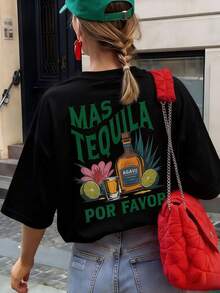 Camiseta informal de manga corta negra para mujer con estampado "Mas Tequila Por Favor" y cuello redondo. Bonita camiseta de manga corta para mujer, corte relajado. Camiseta gráfica. - Negro - Ver 1