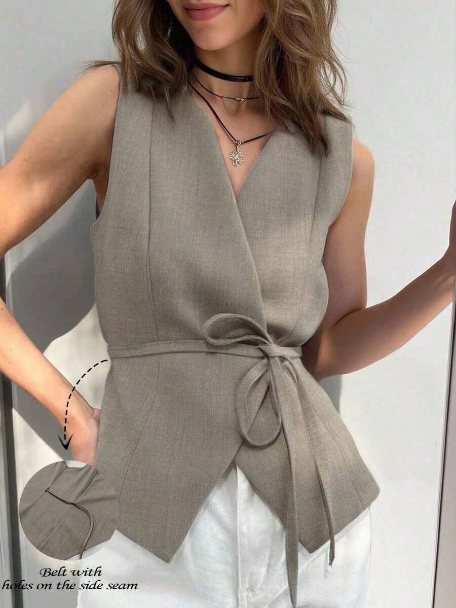 Camiseta de tirantes de diseño minimalista y unicolor para mujer - Caqui - Ver 1