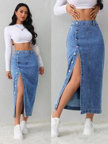 Tall Falda vaquera de mujer, casual, suelta, con abertura lateral, falda midi azul, falda larga para mujeres, falda azul claro, falda azul, ropa de invierno para mujer - Azul lavado medio - Ver 8