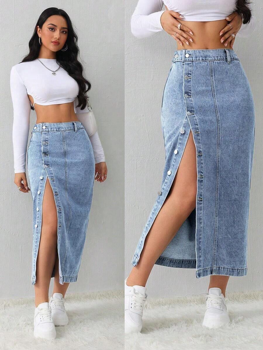 Tall Falda vaquera casual y suelta con abertura lateral, falda midi azul para mujeres altas, falda azul claro, falda azul, ropa de invierno para mujeres - Lavado ligero - Ver 1