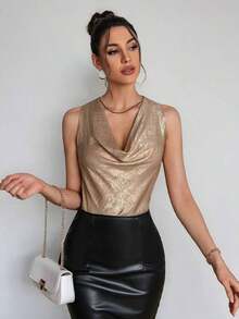1 pieza Blusa de mujer con cuello de lazo en color albaricoque, minimalista y elegante, top sin mangas - Dorado - Ver 8