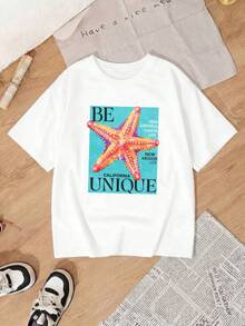 Camiseta de punto casual de manga corta para mujer con cuello redondo y estampado de estrella de mar, top de longitud regular con hombros caídos para salidas a la playa. FKGN - Blanco - Ver 2