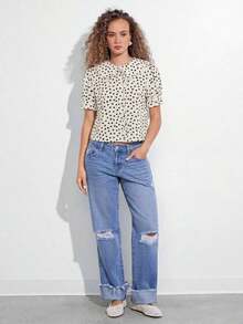 Camisa casual con cuello de volantes, mangas cortas abultadas y abotonadura, top lindo de otoño, ropa bohemia, atuendo de regreso a la escuela, para otoño, invierno, vestimenta occidental para mujer - Albaricoque - Ver 3