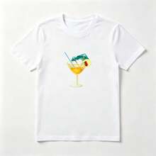 Playera Blanca Algodón Estampado Cóctel con Paraguas - Diseño Verano Tropical - Blanco - Ver 1