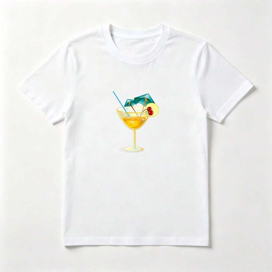 Playera Blanca Algodón Estampado Cóctel con Paraguas - Diseño Verano Tropical - Blanco - Ver 1