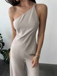 Nueva llegada Primavera/Verano Elegante Top casual de lino color albaricoque con cintura fruncida, bajo asimétrico y espalda descubierta - Albaricoque - Ver 7