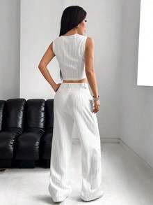 Unity Conjunto de top sin mangas con botones frontales a rayas y pantalones largos para mujer - Blanco - Ver 2