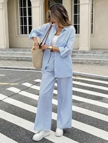 Conjunto de invierno para mujer que incluye blusas, camisa de manga enrollada de un solo botonadura y unicolor, y pantalones de pierna ancha.Conjunto de dos piezas de invierno con manga larga para mujer. - Azul y blanco - Ver 6