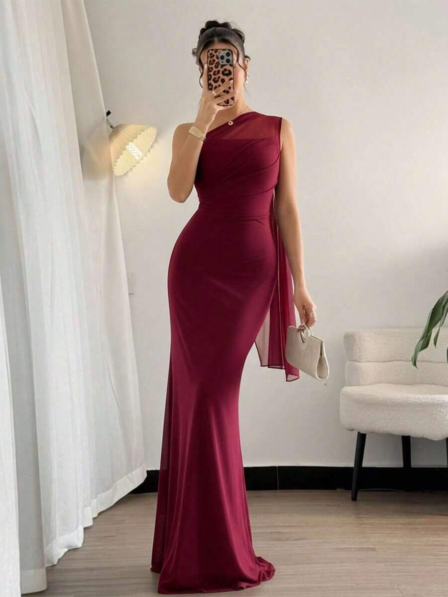 Vestido maxi ajustado de estilo elegante y romántico con cuello asimétrico, adecuado para fiesta, vacaciones en la playa, vuelta al colegio, citas románticas, temporada de bodas, cumpleaños, Pascua, primavera/verano - Burdeos - Ver 1