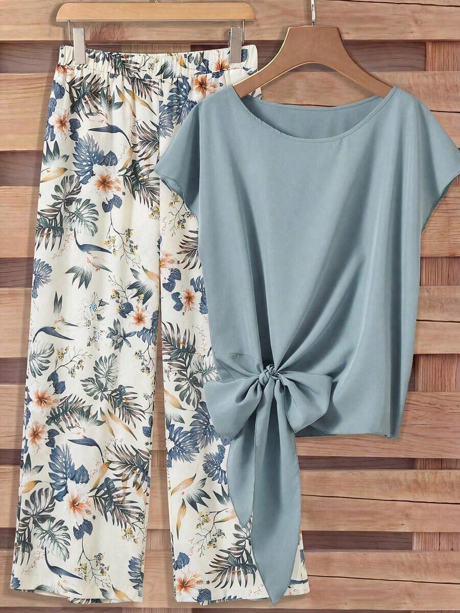 Set de 2 piezas: Blusa morada con lazo minimalista casual + Pantalones rectos holgados con estampado floral, adecuado para vacaciones de primavera/verano - Multicolor 13 - Ver 1