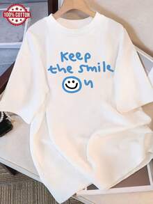 Camiseta Casual de Manga Corta para Mujer - 100% Algodón, Corte Holgado, Cuello Redondo, con Estampado "Keep the Smile" y Diseño de Cara Alegre - Negra con Letras Azules - Lavable a Máquina, Uso Diario de Verano, Camisetas para Mujer, Top para Todas las Temporadas, Diseño Divertido, Tela Cómoda, Corte Relajado, Estilo y, Material Transpirable, Blusa Elegante, Camiseta Y2k para Amantes de la Moda - Blanco - Ver 10