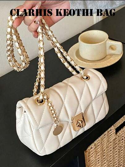 Elegant PU Leather Shoulder Bag For Women With Interwoven Gold Chain, Diamond-Stitched Design & Lock Closure, Lightweight & Durable, Multiple Colors Available Suitable For Shopping, Weekend Trips & Everyday Use