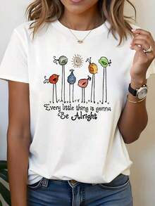 Manga corta, Camiseta de mujer con estampado gráfico 'Every Little Thing Is Gonna Be Alright', Top casual de manga corta y cuello redondo para verano y primavera, Ropa de mujer 220g Leisure - Blanco - Ver 7