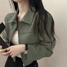 Chaqueta de mujer de unicolor con cuello vuelto y cremallera, de manga larga, adecuada para uso diario, escuela y aeropuerto, primavera/otoño, color negro - Verde - Ver 2