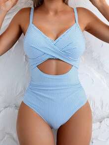 Traje de baño de una pieza sexy para mujer con rayas, escote delantero hueco y cordones en la espalda, para el verano - Azul y blanco - Ver 3