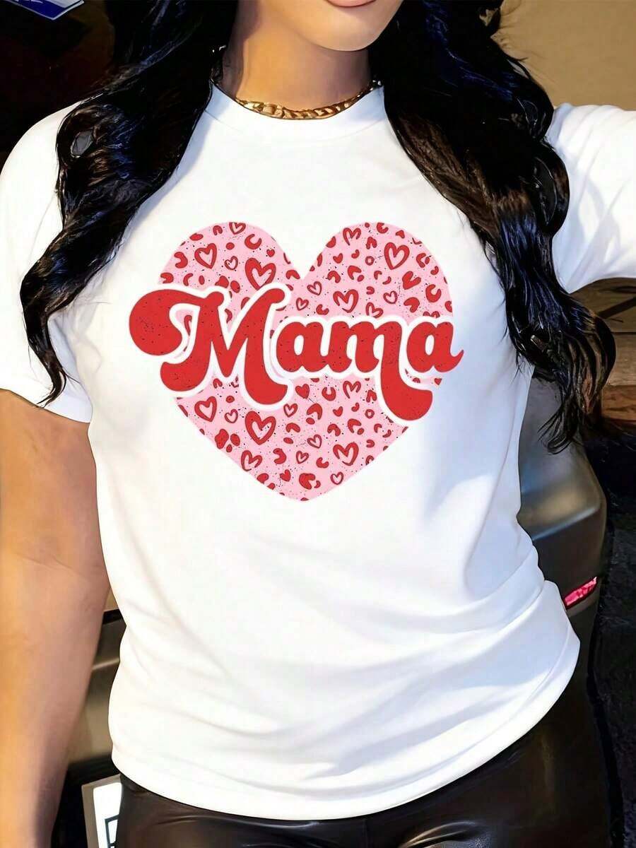 Valentine's Day Mom T-Shirt, Gift T-Shirt For Mom, Valentine's Crew Neck T-Shirt, Heart T-Shirt For Mom, Leopard Print Mom T-Shirt, Valentine's Day Gift T-Shirt - Unisex Vintage Urban Style Cotton Short Sleeve Crew Neck T-Shirt. - 白色 - 查看 1
