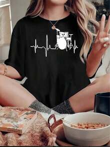 Camiseta de manga corta para mujer con estampado de instrumento musical vintage, camiseta deportiva casual sencilla, top cómodo de verano para vacaciones. - Negro - Ver 1