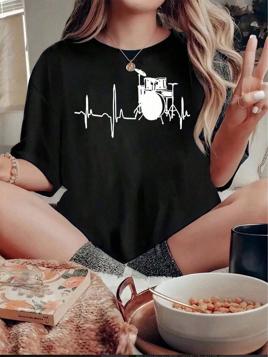 Camiseta de manga corta para mujer con estampado de instrumento musical vintage, camiseta deportiva casual sencilla, top cómodo de verano para vacaciones. - Negro - Ver 1