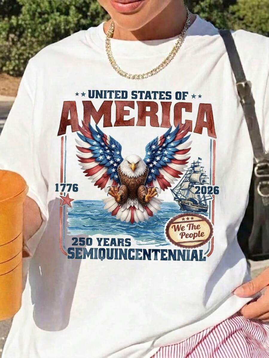 Camiseta del 250 aniversario de EE. UU., camiseta del semiquincento 1776-2026, camiseta del Día de la Independencia, bandera estadounidense, top con águila. Camiseta unisex de algodón puro de 220 g, peso ideal para todas las estaciones, apta para hombres y mujeres. Tejido duradero de alta calidad, suave al tacto y de larga duración. Top transpirable. Adecuado para la primavera y el verano, vacaciones, Día de la Madre, Día de la Independencia. - Blanco - Ver 1
