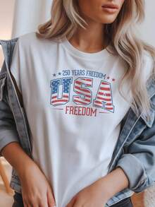 Camiseta USA Freedom, 250 Aniversario, Camiseta con Gráfico Americano. 220 g, algodón puro unisex, peso ideal para todas las estaciones, apto para hombres y mujeres. Tejido duradero de alta calidad, suave al tacto y de larga duración. Parte superior transpirable. Adecuado para mujer en primavera y verano, vacaciones, Día de la Madre, Día de la Independencia. - Blanco - Ver 1