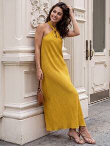 Women Long Halter Neck Dresses Loose Solid Sleeveless Open Back Tie-up Dress for Summer Beach Party Club - Amarillo - Ver 5