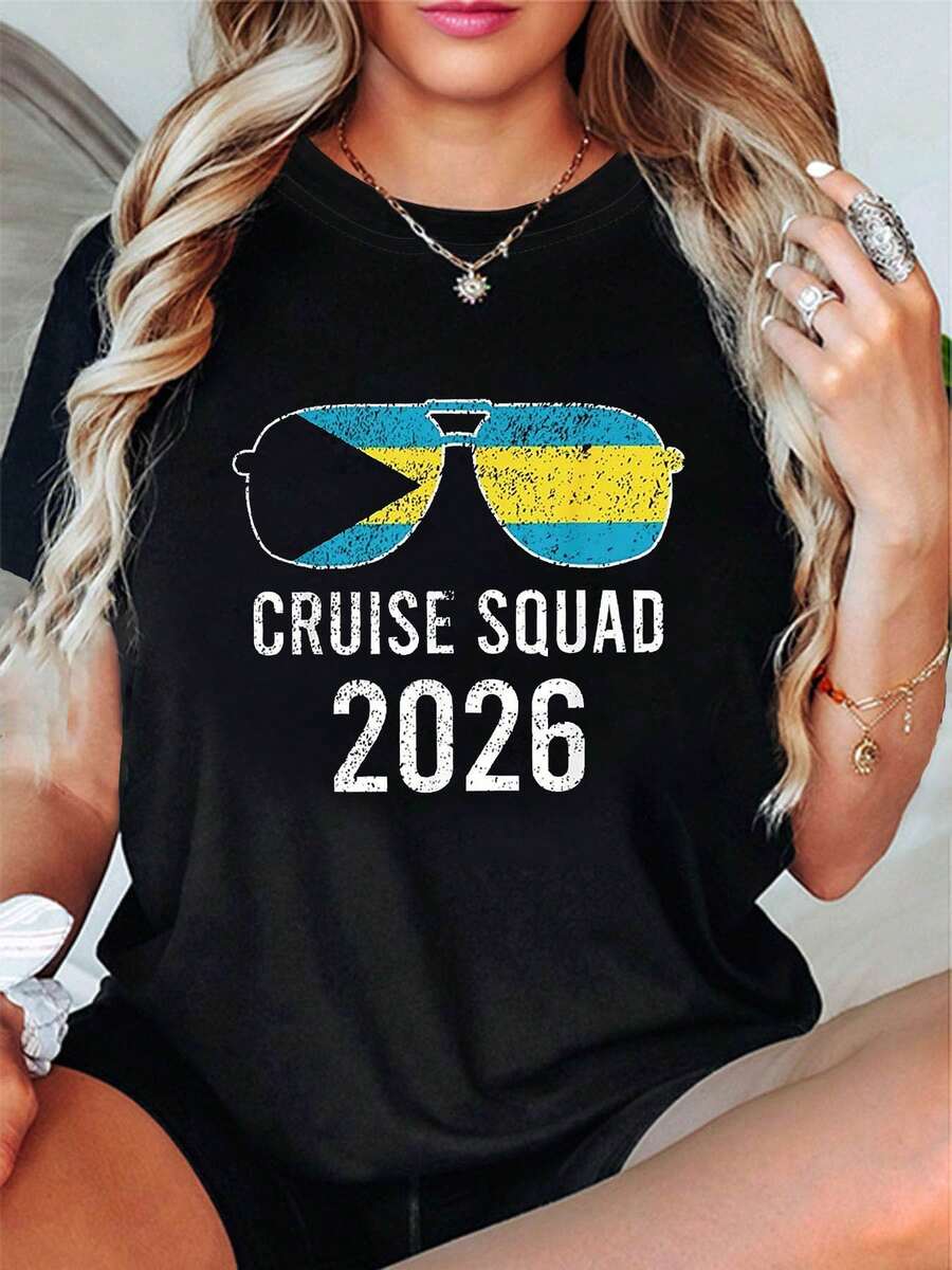 Talla - Talla - 2026 Retro Vacaciones Crucero CRUISE 2026 Gafas Patrón Estampado Talla Moda Mujer Casual Cuello Redondo Camiseta Primavera Verano - Negro - Ver 1