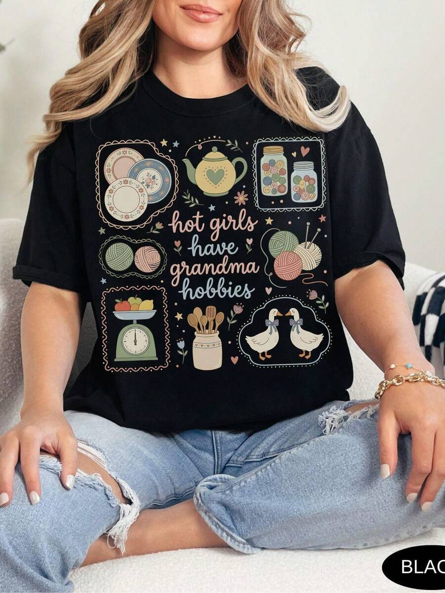 Camiseta divertida de pasatiempos de abuela T1EE Chicas guapas tienen pasatiempos de abuela Camiseta Costura Tejido Abuela Core Camiseta gráfica. 220 g algodón puro unisex T1S1Hirt Peso ideal para todas las estaciones, adecuado para hombres y mujeres. Tejido duradero de alta calidad, suave al tacto y de larga duración. Top transpirable. Adecuado para primavera y verano de mujeres, vacaciones, Día de la Madre, Día de la Independencia. - Negro - Ver 1
