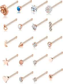 20 Pcs Fashion Gold Plated Stainless Steel Rose Heart Star Moon Nose Stud Set For Women Piercing Accessory - Straight - View 8