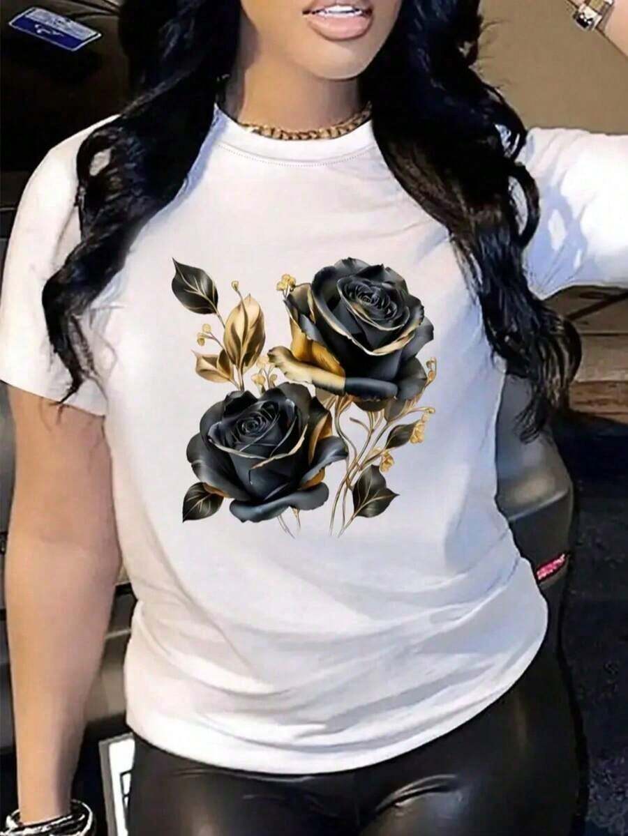 MinimalistCamiseta mujer estilo elegante estampado de flores en relieve tela suave holgada cuello redondo manga corta primavera verano uso casual y de citaWomen's Simple Solid Color T-shirt, - Blanco - Ver 1