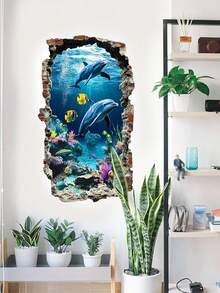 1pc Removable Dolphin & Ocean Scene Wall Sticker, Suitable For Bathroom Wall Decor - A - View 10