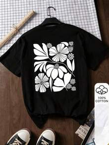 Women's Loose-Fitting Floral Print T-Shirt, White Short-Sleeved Graphic Design T-Shirt, Casual Round Neck Summer T-Shirt, Lightweight Blend, Available In Multiple Sizes, Perfect For Holiday Gifts. - 黑色 - 查看 1