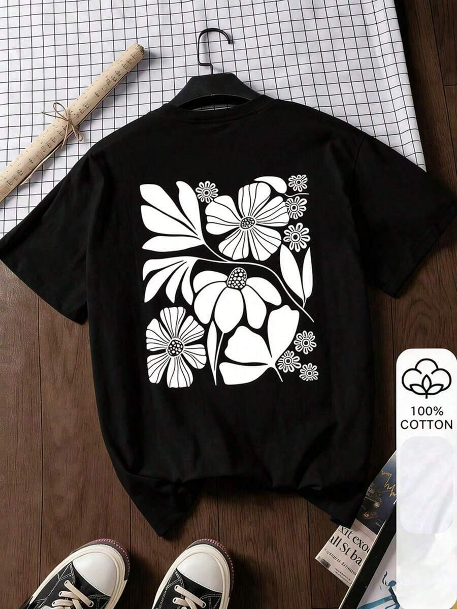 Women's Loose-Fitting Floral Print T-Shirt, White Short-Sleeved Graphic Design T-Shirt, Casual Round Neck Summer T-Shirt, Lightweight Blend, Available In Multiple Sizes, Perfect For Holiday Gifts. - 黑色 - 查看 1