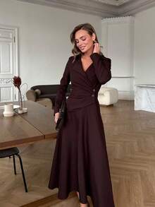 Vestido Mujer Estilo Occidental Elegante, Color Marrón, Escote V, Manga Larga, Cintura Ajustada, Envolvente, Estilo A, Nuevo 2026 - Marrón - Ver 3
