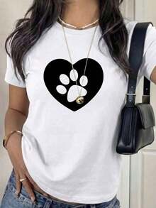 Camiseta Casual de Manga Corta con Cuello Redondo para Mujer, con Diseño de Corazón y Huella de Pata, Elegante Top de Poliéster TJSN - Blanco - Ver 10