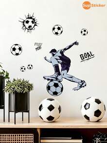 SUPSTICKER 1pc Multi-Color Football Player & Ball Pattern Sports Style Wall Sticker, Made Of PVC Material, Self-Adhesive And Removable, Waterproof, Suitable For Decoration On Surfaces Of Living Room, Dorm, Game Room, Gym, Furniture - 1PC - View 7
