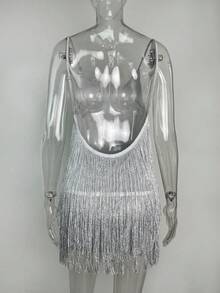 Fitted Multi-Layered Sequined And Fringed Strapless Evening Dress - Silver - View 5