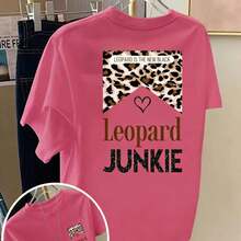 Women's Vintage Double-Sided Print T-Shirt, Casual Summer Style With Round Neck And Short Sleeves, Fashionable Printed T-Shirt, With Leopard Print "Leopard" With Hearts And Letters, Loose And Slimming Cut, Sweet And Fresh Outfit For Fashionable Girls. - 杏色 - 查看 7
